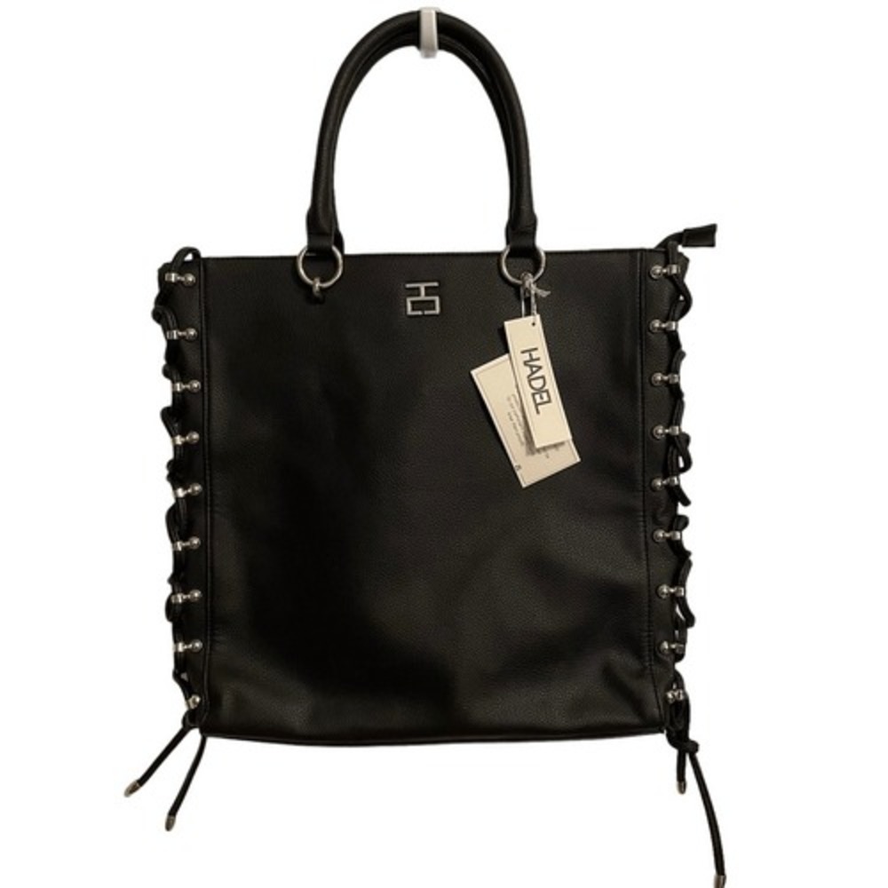 Hadel Black Pebbled Faux Leather Lace Up Side Tote Bag Silver Hardware NWT